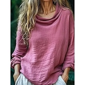 levne Boho topy-Dámské Košile Halenka Bavlněné lněné košile Pevná barva Základní Na běžné nošení Dlouhý rukáv Tričkový Nabíraný krk Běžné topy Denní Černá Světlá růžová Vodní modrá Světle šedá Růžová Léto