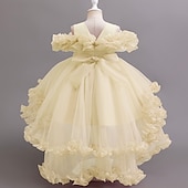 preiswerte Kleider für die Blumenmädchen-Blumenmädchenkleid Mädchen Formelle Kleidung Prinzessinenkleid Party Kleid Hochzeit Besondere Anlässe bezaubernd Süß Rüschen Zip Feste Farbe Kurzarm Rundhalsausschnitt Weiß Champagner 4-13 Jahre