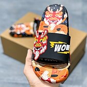 tanie Casual sandały-męskie czerwone sandały z nadrukiem smoka i trójwymiarowym wzorem smoka, swobodny styl na lato i festiwale