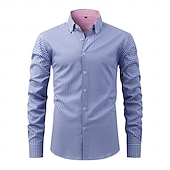 billige Kjoleskjorter for menn-Herre Dresskjorter Skjorte med knapp ned Rynkebestandig Sjekk skjorte Ruter Bryllup Arbeid Svart Rosa Navyblå Blå Langermet Krage Sommer Vår Klær