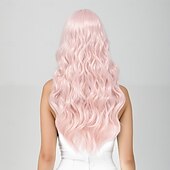 baratos Perucas Sintéticas sem Touca-Perucas sintéticas Ondulado Trama Curly Corte em Camadas Com Franjas Fabrico à Máquina Peruca Rosa 28 polegadas A1 Cabelo Sintético Mulheres Clássico Confortável Cores Gradiente Rosa