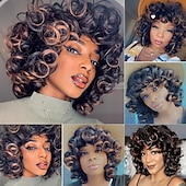 economico Parrucche trendy sintetiche-parrucche ricce per donne nere parrucche corte grandi e ricce per donne parrucca afro ondulata con frangia parrucche sintetiche naturali carine per donne afroamericane