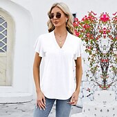 billige Plain t-skjorte-Dame Boho T-skjorte عادي Bohem søt stil Stilfull Kortermet Sommerfuglermer V-hals Vanlige topper Daglig Ut på byen Helg Drapering Svart Hvit Rosa Blå Fuksia Sommer