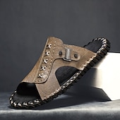 abordables Sandalias casuales-Sandalias casuales marrones para hombre con tira de cuero y elegantes detalles de costura: cómodas para usar a diario, en la playa y para salidas relajadas