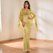 preiswerte Abendkleider-Meerjungfrau  Trompeten Abendkleid Elegantes Kleid Formelles Hochzeitsbodenlänges 3/4-Länge Ärmel V-Ausschnitt Chiffon mit Pailletten