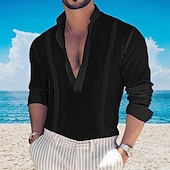 cheap Men&#039;s Popover Shirts-Men&#039;s Shirt Popover Shirt Summer Shirt Casual Shirt Beach Shirt Black White Pink Green khaki Long Sleeve Plain Band Collar Vacation Hawaiian Button-Down Clothing Apparel Fashion Casual Comfortable