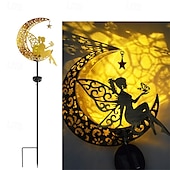 abordables Lumières de décoration du Ramadan-lampes solaires de jardin extérieur – soleil &amp;Lampes solaires à LED en forme de flamme de lune, lampes de pelouse de paysage en fer rétro pour la décoration des allées, des cours et des patios