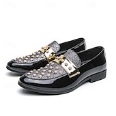 economico Semi-formale-mocassini da uomo in vernice nera con dettagli borchiati e cinturino dorato, scarpe casual alla moda per feste ed eventi speciali