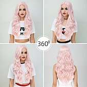 baratos Perucas Sintéticas sem Touca-Perucas sintéticas Ondulado Trama Curly Corte em Camadas Com Franjas Fabrico à Máquina Peruca Rosa 28 polegadas A1 Cabelo Sintético Mulheres Clássico Confortável Cores Gradiente Rosa
