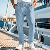 cheap Holiday-Men&#039;s Linen Pants Trousers Summer Pants Beach Pants Drawstring Elastic Waist Straight Leg Plain Comfort Breathable Casual Daily Holiday Fashion Classic Style Black White