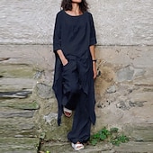 preiswerte Sets-Damen Streetwear Betrübt Hemd Baumwoll-Leinen-Sets Zweiteilige Sets Leinenhosen Hosen Hose Halbarm Rundhalsausschnitt Einfarbig Kordelzug Alltagskleidung Date Armeegrün Marineblau Khaki Sommer