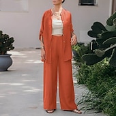 billiga Uppsättningar-Dam Mode Streetwear Skjorta Linneinspirerade set Tvådelade set Linne Byxor Byxor Långärmad Hög krage Ensfärgat Dagliga kläder Datum Marinblå Orange Vår Normal