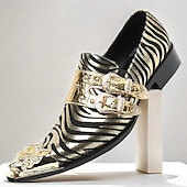 baratos Sapatos Sociais Elementares-Mocassins em Couro de Vaca Premium Masculinos com Padrão de Zebra Ousado e Design de Dupla Fivela com Ponta Dourada–Calçados Estilosos e Confortáveis para Ocasiões Formais e Fashion-forward