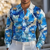 cheap Men&#039;s Satin Shirt-Men&#039;s Floral Print Flowers Satin Shirt Dress Shirt Button Up Shirt Long Sleeve Fashion Casual Vacation Daily Evening Party Summer Spring Fall Turndown Collared Shirts 3D Print Blue