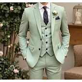 baratos Ternos de casamento-Ternos de Casamento Masculinos para Festa Prom Verde Claro Verão com Cor Sólida Ajuste Padrão 3 Peças com Botões Duplos