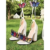 economico Semi-formale-sandali con tacco alto decorati con farfalle nere per donna – design con lacci e cinturini, dettagli colorati a farfalla, perfetti per feste, matrimoni e occasioni speciali