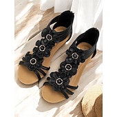 tanie Kobiety-damskie sandały na koturnie w stylu boho z kwiatowym wzorem – romantyczne letnie sandały gladiatorki z odkrytymi palcami i elastycznymi paskami na plażę i na co dzień