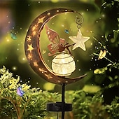 abordables Lumières de décoration du Ramadan-lampes solaires de jardin extérieur – soleil &amp;Lampes solaires à LED en forme de flamme de lune, lampes de pelouse de paysage en fer rétro pour la décoration des allées, des cours et des patios