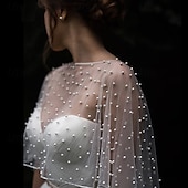 abordables Velos de Boda-Accesorios de boda, bolero, capa de novia, perlas, capa de boda, parte delantera corta, parte trasera larga, capa envolvente para mujer, chal de noche, blanco