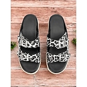 levne Sandály na dovolenou-dámské černobílé sandály s leopardím vzorem s přezkami a jutovým lemem – pohodlné a trendy na běžné nošení i na dovolenou