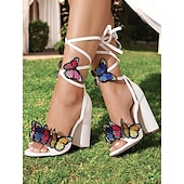 economico Semi-formale-sandali con tacco alto decorati con farfalle nere per donna – design con lacci e cinturini, dettagli colorati a farfalla, perfetti per feste, matrimoni e occasioni speciali