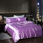 cheap Duvet Cover Sets-4 Pieces Satin Silk Bedding Set with Fitted Sheets Duvet Cover Sets Summer Solid Color Comforters Covers with 2 Pillowcases