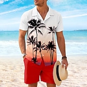preiswerte Bedruckte Hemden-Sets für Herren-Herren Kokospalme 2St Hemden-Sets Hemd Kurzarm Kurze Hosen Kubanisches Halsband Urlaub Alltagstauglich Party Lässig Täglich 3D-Druck Sommer Rubinrot Gelb Orange