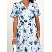 cheap Dresses-Retro Vintage 1950s Midi Dress Wrap Dress Flare Dress Puff Sleeve Floral A-Line V Neck Women&#039;s Masquerade Wedding Vacation Tea Party Adults&#039; Dress