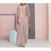 ieftine Costumele cu pantaloni ale mamei-Costum de nunta pentru plajă 3 piese matern pentru mireasă invitat formal la nuntă elegant mărime mare cu decolteu rotund lungime până la podea din chiffon cu dantelă fără mâneci cu aplicații mărime