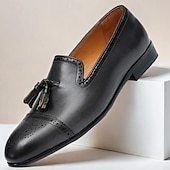 billiga Premium läder Loafers-bruna tofsloafers i läder för män med brogue-detaljer, klassiska slip-on klänningskor för bröllop, fester och formella evenemang