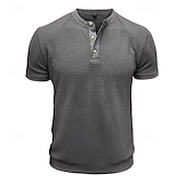 billige Uformell Henley T-skjorte-Herre Vaffel Henley-skjorte Henly-skjorte Strikk T-skjorte Kortermet Helfarge عادي Strikketøy Fritid hverdag Knapper Strikket Henley utendørs Avslappet Daglig Sommer Vår &amp; Vinter Svart Hvit Grå