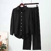 billiga Uppsättningar-Dam Mode Streetwear Skjorta Linneinspirerade set Tvådelade set Linne Byxor Byxor Långärmad Tröjkrage Ensfärgat Snörning Dagliga kläder Datum Svart Vit Blå Sommar Normal