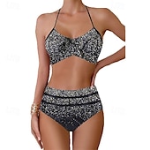 billiga One Pieces &amp; Tankinis-Dam Tankini Tvådelad baddräkt Volang Badkläder Badkläder Blå Guld Andningsfunktion Snabb tork Lättvikt Ärmlös - Simmning Surfing Strand Sommar Vår