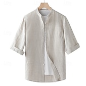 cheap Business Casual-Men&#039;s Shirt Linen Shirt Casual Shirt Button Up Shirt Plain Vacation Hawaiian White Navy Blue Khaki Gray 3/4 Length Sleeve Grandad Collar Spring Fall Clothing Apparel Button-Down