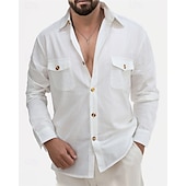 cheap Business Casual-Men&#039;s Shirt Linen Shirt Casual Shirt Button Up Shirt Cotton Shirt Plain Vacation Hawaiian Black White Pink Beige Long Sleeve Lapel Summer Spring Clothing Apparel Front Pocket