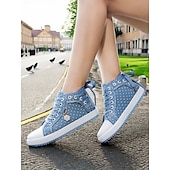 baratos Ténis de mulher-tênis feminino cano alto de lona com bolinhas – calçados jeans casuais com cadarço e charme floral, streetwear estiloso para uso diário e viagens