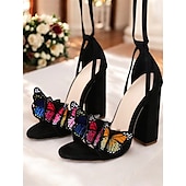 economico Semi-formale-sandali con tacco alto decorati con farfalle nere per donna – design con lacci e cinturini, dettagli colorati a farfalla, perfetti per feste, matrimoni e occasioni speciali