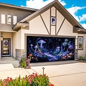 baratos Capas para portas de garagem-Decorações de Porta Blacklight Capa de Porta de Garagem Brilha no Escuro Cogumelo Psicodélico Nebuloso Faixa Grande Decorativa para Festa ao Ar Livre Porta de Garagem Decorações de Parede da Casa