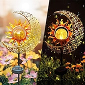 abordables Lumières de décoration du Ramadan-lampes solaires de jardin extérieur – soleil &amp;Lampes solaires à LED en forme de flamme de lune, lampes de pelouse de paysage en fer rétro pour la décoration des allées, des cours et des patios