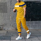 voordelige T-shirt sets voor heren-Voor heren T-shirt past Shirt- en broeksets 2 stuks outfits Korte mouw Ronde hals Zomer Kleurenblok Modieus Casual 2-stuks Vakantie Alledaagse kleding Uitgaan Zwart Wit Geel Top T-shirt voor mannen