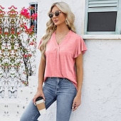 billige Plain t-skjorte-Dame Boho T-skjorte عادي Bohem søt stil Stilfull Kortermet Sommerfuglermer V-hals Vanlige topper Daglig Ut på byen Helg Drapering Svart Hvit Rosa Blå Fuksia Sommer