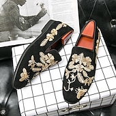 levne Poloformální-pánské černé semišové slip-on mokasíny se zlatou květinovou a včelí výšivkou – elegantní neformální obuv na svatby, večírky a formální události