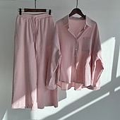 voordelige Blousepakken voor dames-Dames Modieus Streetwear Overhemd Broeken Sets Linnen broek Broeken Lange mouw Overhemdkraag Effen Kleur Trekkoord Alledaagse kleding Afspraakje Blozend Roze Khaki Grijs Lente Normale pasvorm