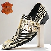 baratos Sapatos Sociais Elementares-Mocassins em Couro de Vaca Premium Masculinos com Padrão de Zebra Ousado e Design de Dupla Fivela com Ponta Dourada–Calçados Estilosos e Confortáveis para Ocasiões Formais e Fashion-forward