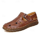 cheap Casual Sandals-Men's Brown Faux Leather Fisherman Sandals with Velcro Strap, Breathable Design and Comfortable Sole for Summer, Outdoor Activities and Beach Wear