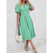 cheap Dresses-Retro Vintage 1950s Midi Dress Flare Dress Puff Sleeve Solid Color A-Line V Neck Women&#039;s Masquerade Wedding Vacation Tea Party Adults&#039; Dress