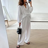 cheap Sets-Women&#039;s Fashion Streetwear Shirt Two Piece Sets Linen Pants Pants Trousers Long Sleeve Shirt Collar Solid Color Drawstring Daily Wear Date Black White Orange Summer Regular Fit