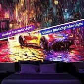 ieftine Tapiserii cu lumină neagră-Tapiserie Blacklight Strălucire în întuneric Petrecere strălucitoare Reactive UV Stradă oraș Mașină Misty Natură Peisaj Tapiserie Suspendată Artă de perete Mural pentru Living sau Dormitor