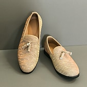 levne Poloformální-pánské béžové mokasíny se vzorem rybí kosti se střapkovým detailem – ležérní elegance do práce, na svatby i formální příležitosti