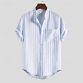 cheap Men&#039;s Button Up Shirts-Men&#039;s Shirt Summer Shirt Casual Shirt Beach Shirt Button Up Shirt Light Blue Short Sleeve Stripe Grandad Collar Lapel Vacation Hawaiian Clothing Apparel Fashion Casual Comfortable
